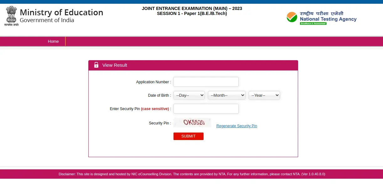 NTA JEE Mains Result Window