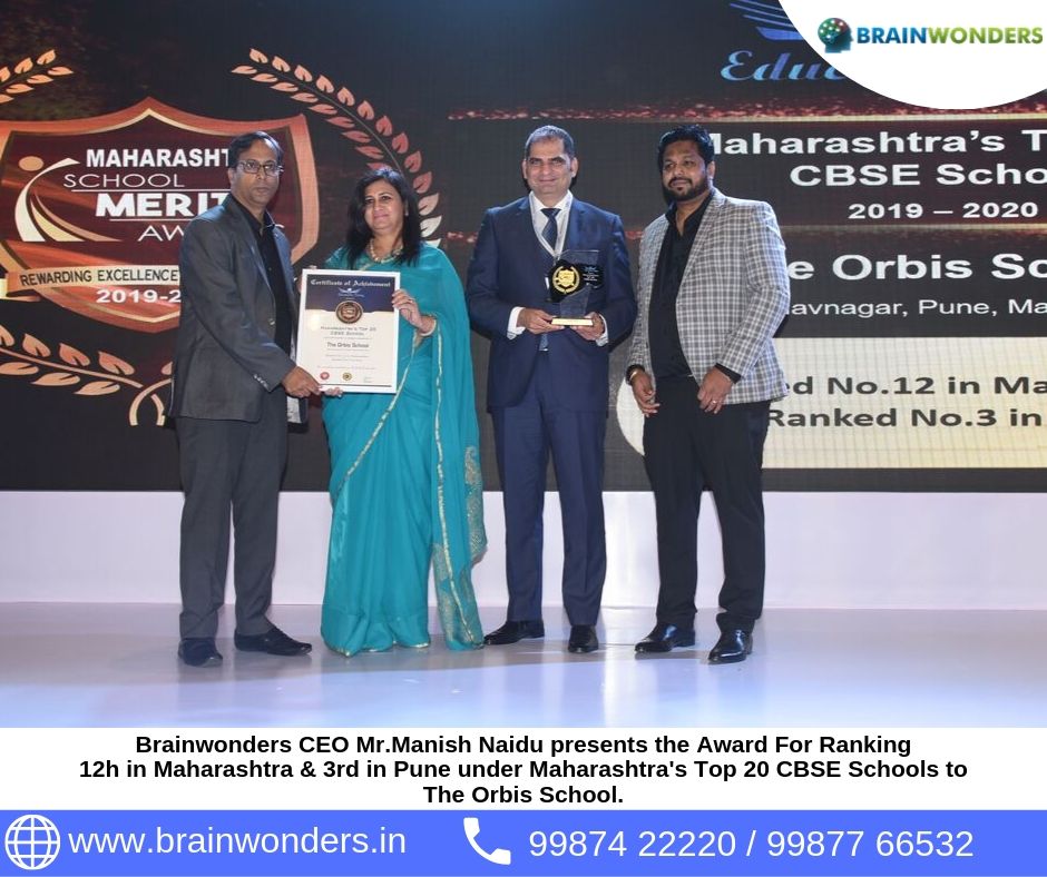 Brainwonders CEO Mr.Manish Naidu presents the Award For Ranking  12h in Maharashtra _ 3rd in Pune under Maharashtra_s Top 20 CBSE Schools to  The Orbis School.
