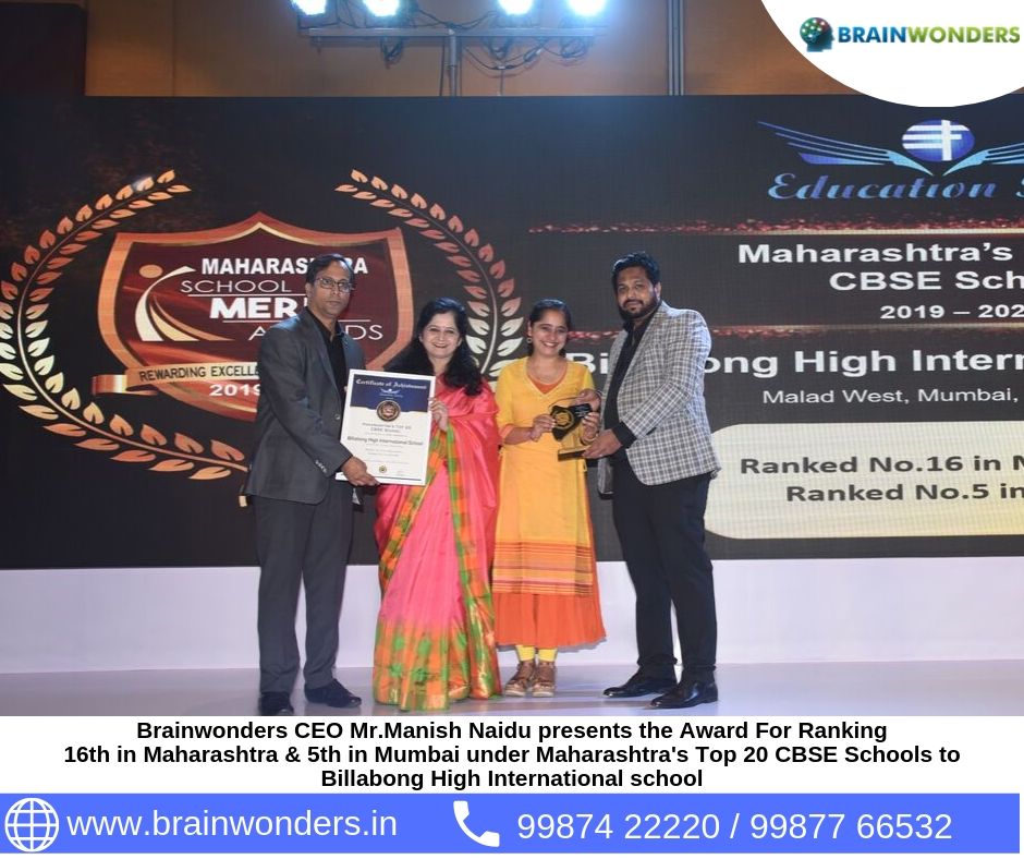 Brainwonders CEO Mr.Manish Naidu presents the Award For Ranking  16th in Maharashtra _ 5th in Mumbai under Maharashtra_s Top 20 CBSE Schools to  Billabong High International school