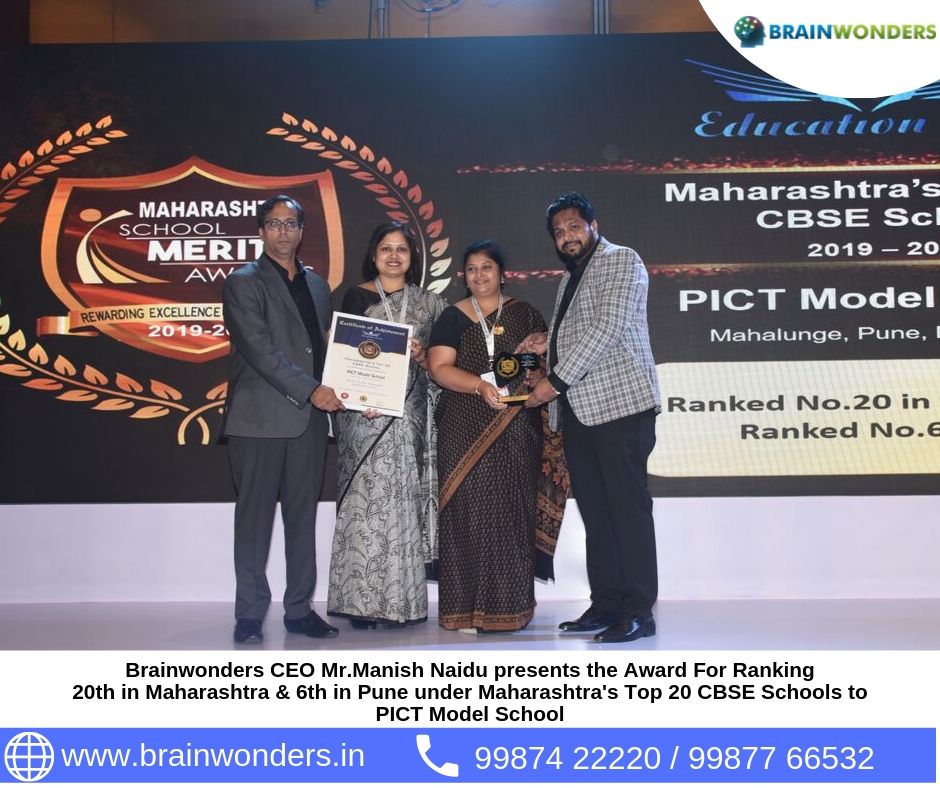 Brainwonders CEO Mr.Manish Naidu presents the Award For Ranking  20th in Maharashtra _ 6th in Pune under Maharashtra_s Top 20 CBSE Schools to  PICT Model School