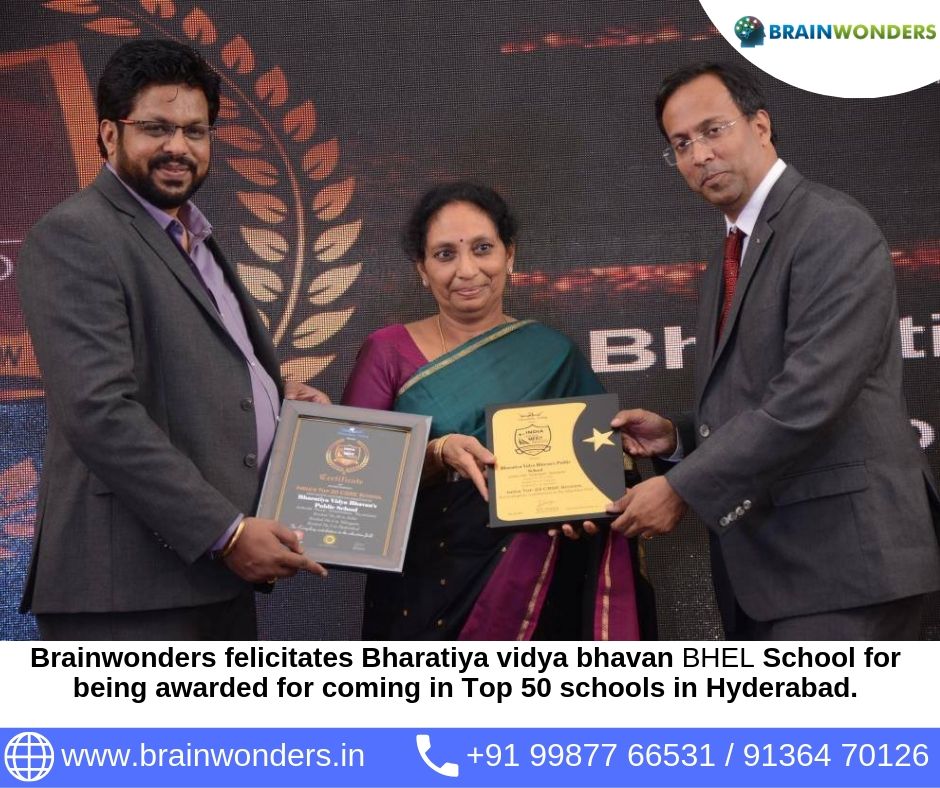 Brainwonders felicitates Bharatiya vidya bhavan BHEL School for being awarded for coming in Top 50 schools in Hyderabad