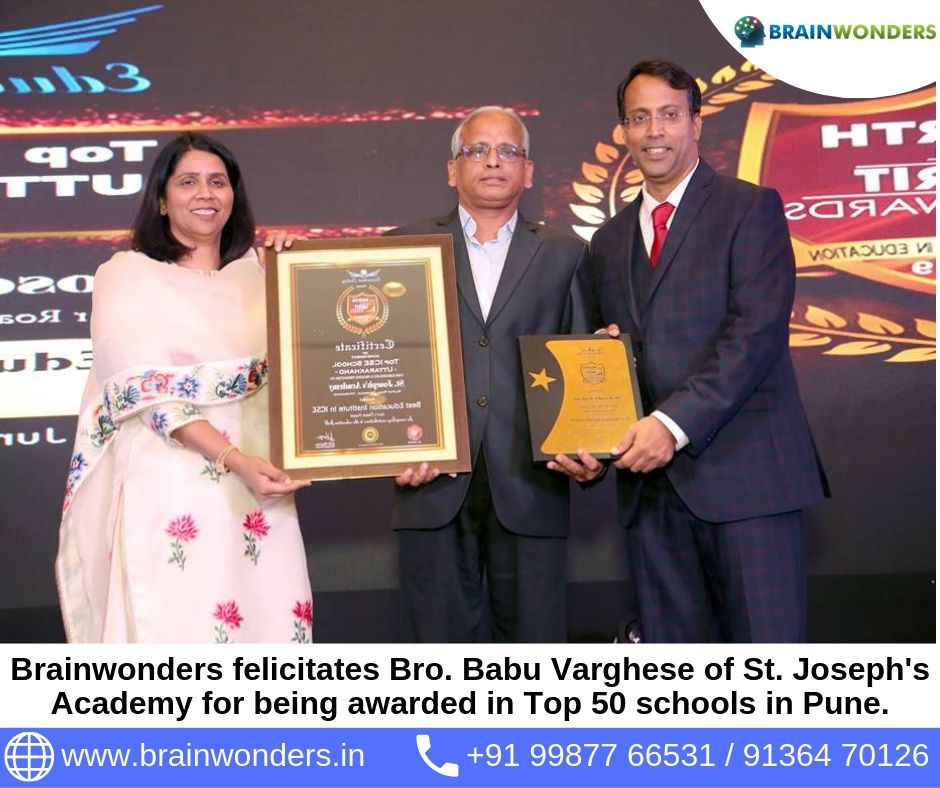 Brainwonders felicitates Bro. Babu Varghese of St. Joseph's Academy for being awarded in Top 50 schools in Pune