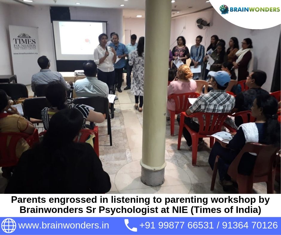 Parents engrossed in listening to parenting workshop by Brainwonders Sr Psychologist at NIE (Times of India)