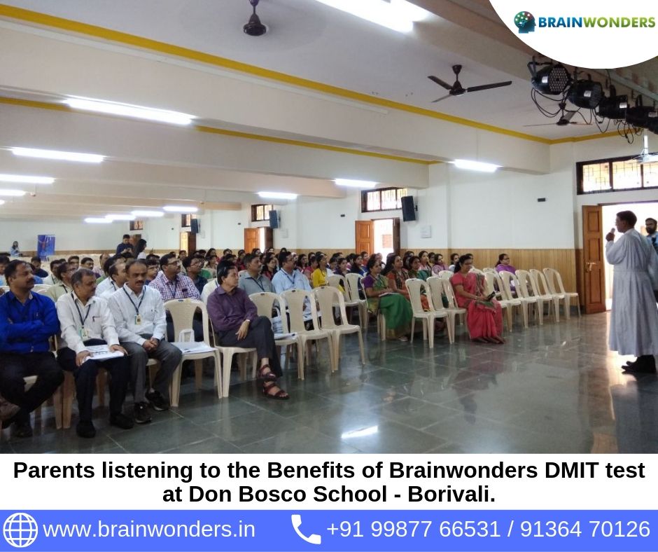 Parents listening to the Benefits of Brainwonders DMIT test at Don Bosco School - Borivali